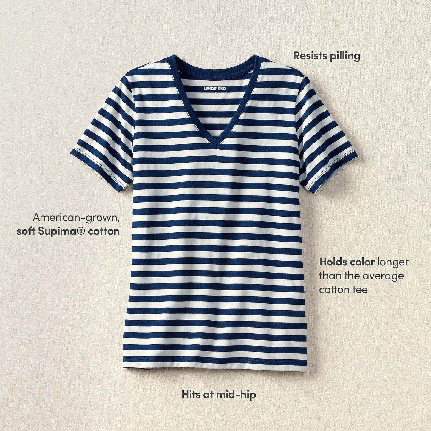 Lands' End Womens SS Relaxed Supima V Neck T Shirt Deep Sea Navy Even Stripe Tall X-Large