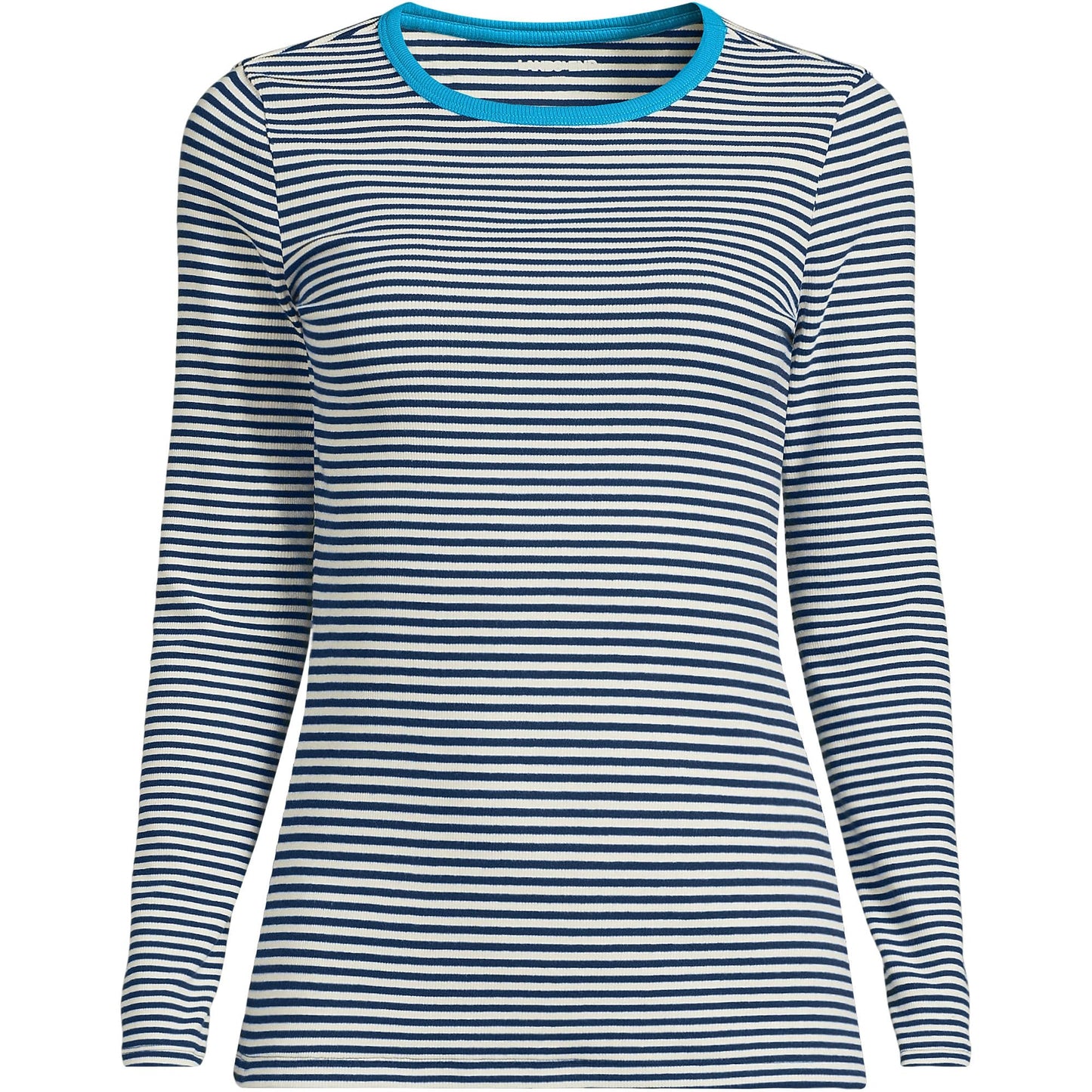 Lands' End Womens Long Sleeve Micro Rib Crew Deep Sea Navy Tiny Stripe Tall Large