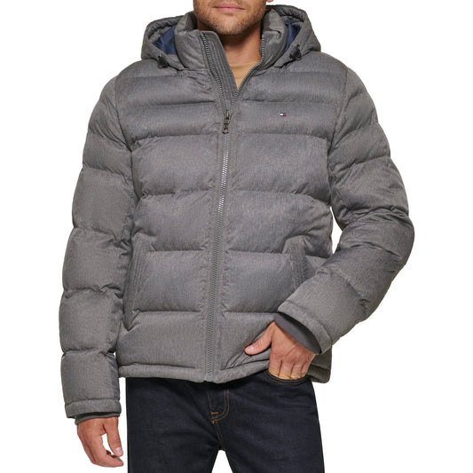 Tommy Hilfiger Mens Hooded Puffer Jacket, Heather Grey, Large Tall US