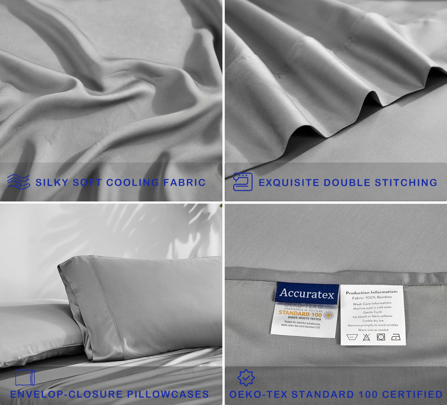 ACCURATEX Cooling Sheets California King Size - Viscose Made from Bamboo, Luxury Cool Silky Sheet Set for Cal King Size Bed, Super Soft Breathable Bed Sheets up to 16 inches Deep Pockect,Grey