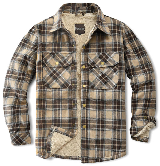 Puwasa Men's Fleece Lined Plaid Flannel Shirt Jacket Long Sleeve Soft Button Down Coat for Men Khaki X-Large Tall