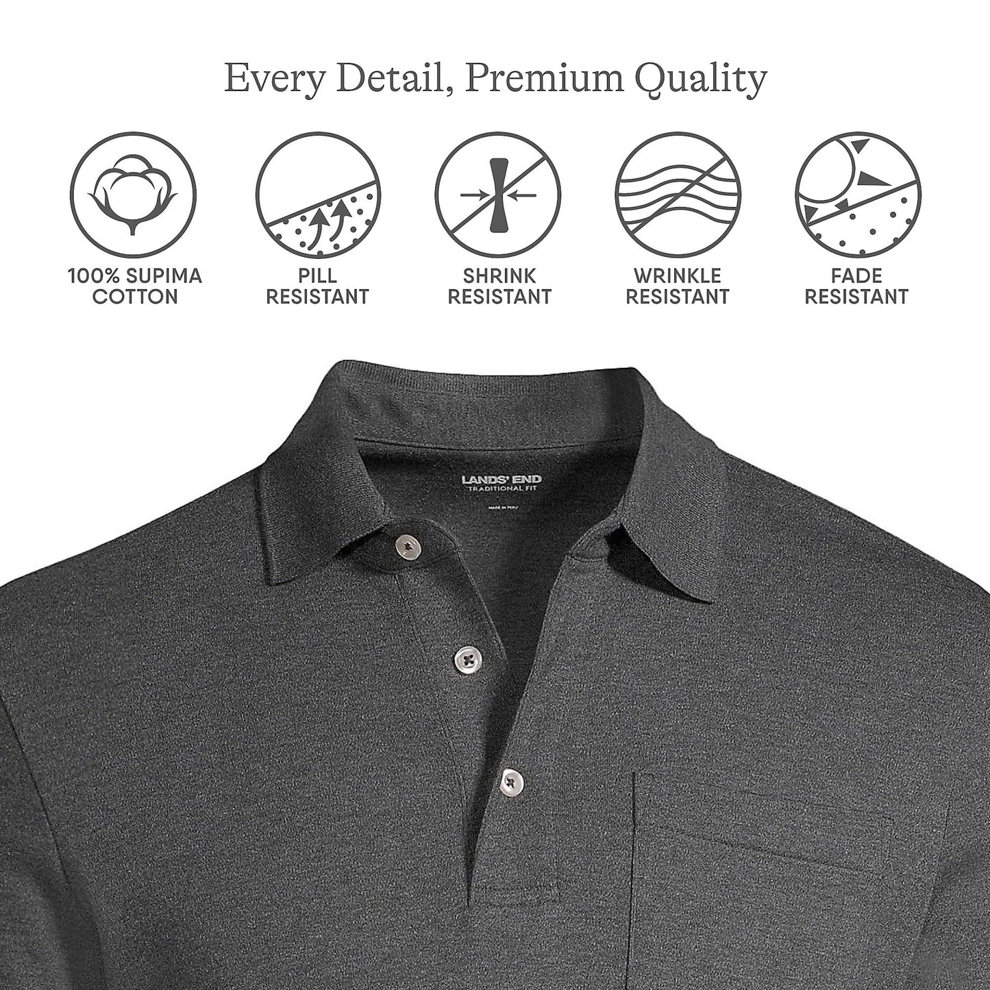 Lands' End Mens Short Sleeve Pocket Supima Polo Dark Charcoal Heather Tall Medium