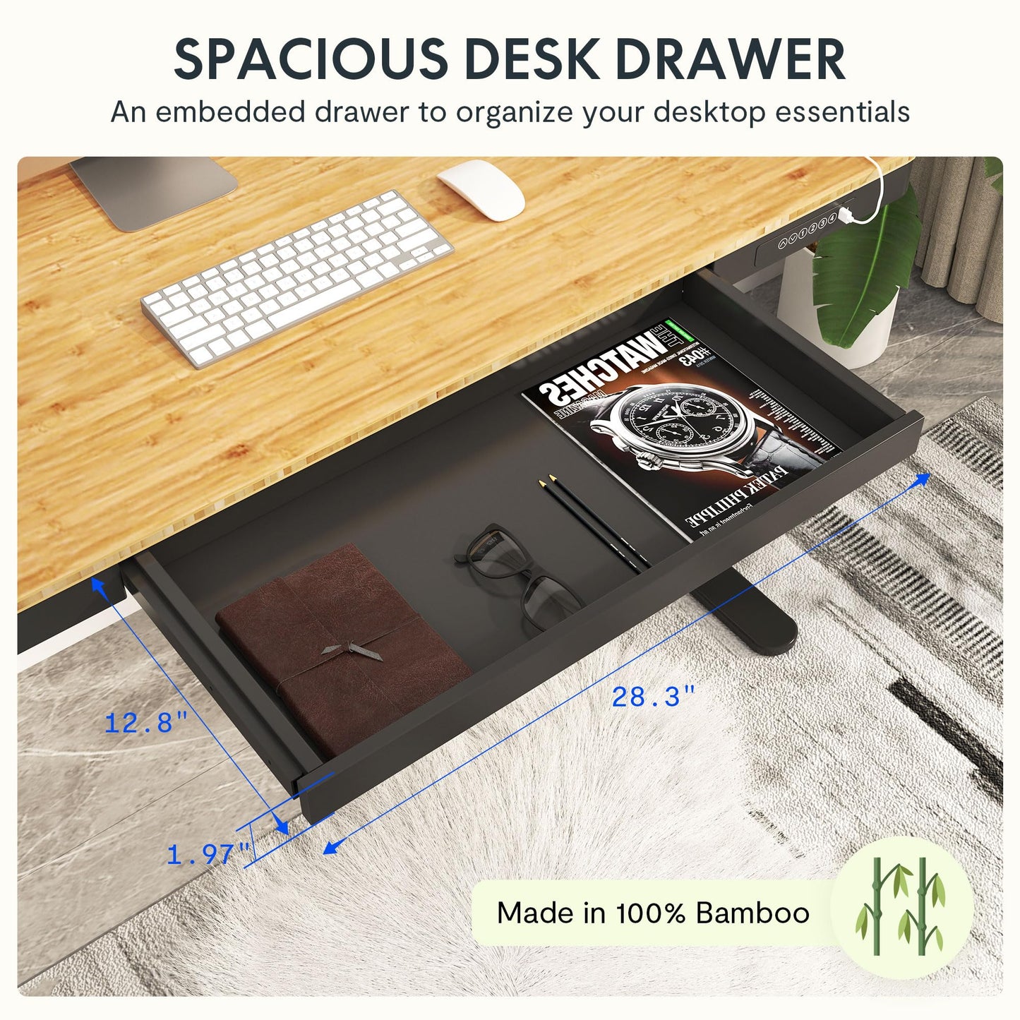 SANODESK Standing Desk with Drawer,Dual Motor 3 Stage Electric Height Adjustable Home Office Desk with Storage & Wireless Charging, 55 inch Bamboo Tabletop/Black Frame - 49.2" Max Height