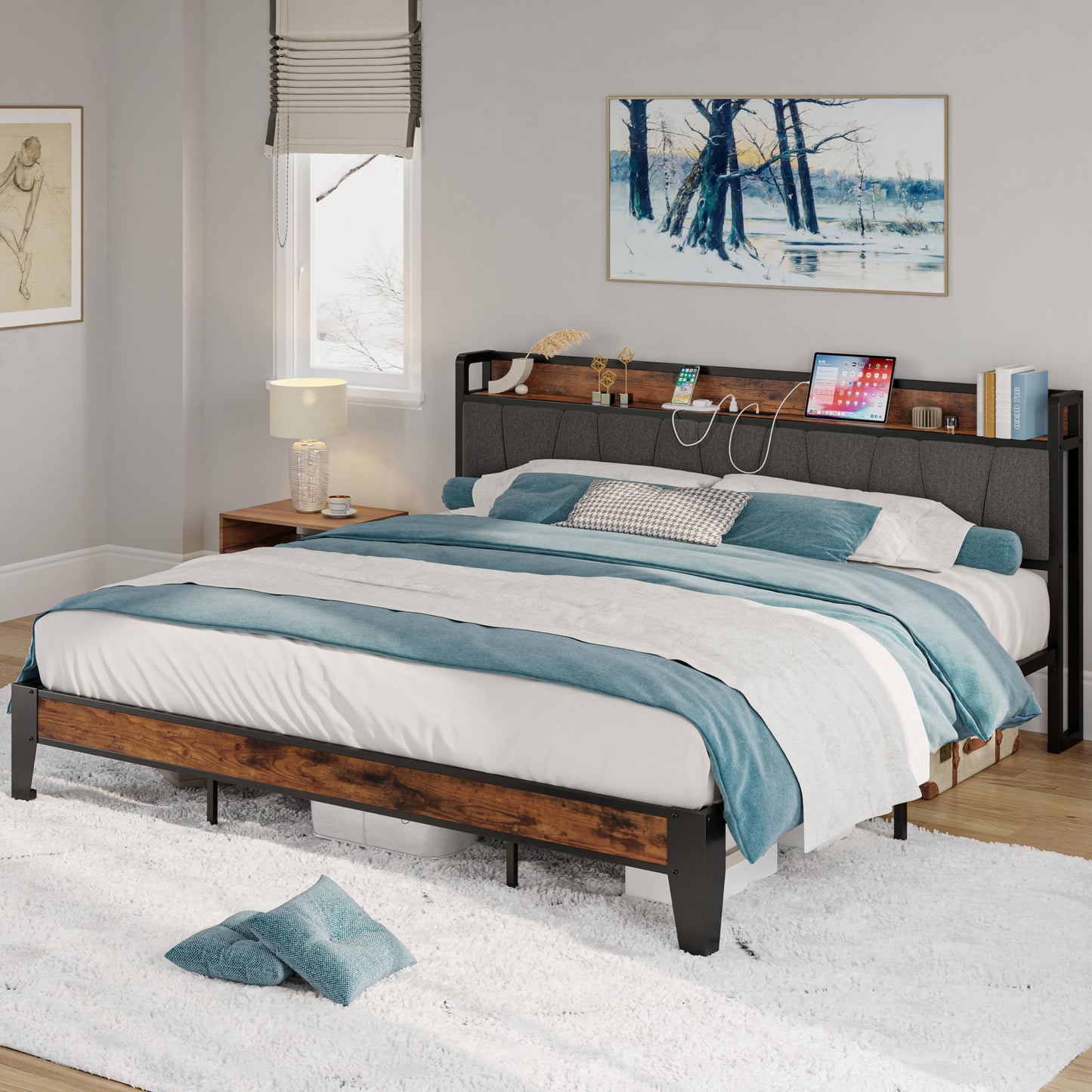 LIKIMIO California King Bed Frames, Storage Headboard with Charging Station, Solid and Stable, Noise Free, No Box Spring Needed, Easy Assembly