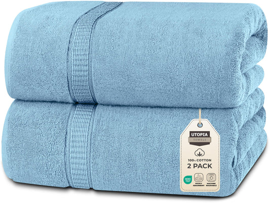 Utopia Towels Luxurious Jumbo Bath Sheet 2 Piece, 600 GSM, 35 by 70 Inches, 100% Ring Spun Cotton, Highly Absorbent and Quick Dry Extra Large Bath Towel, Super Soft Towel, Sky Blue