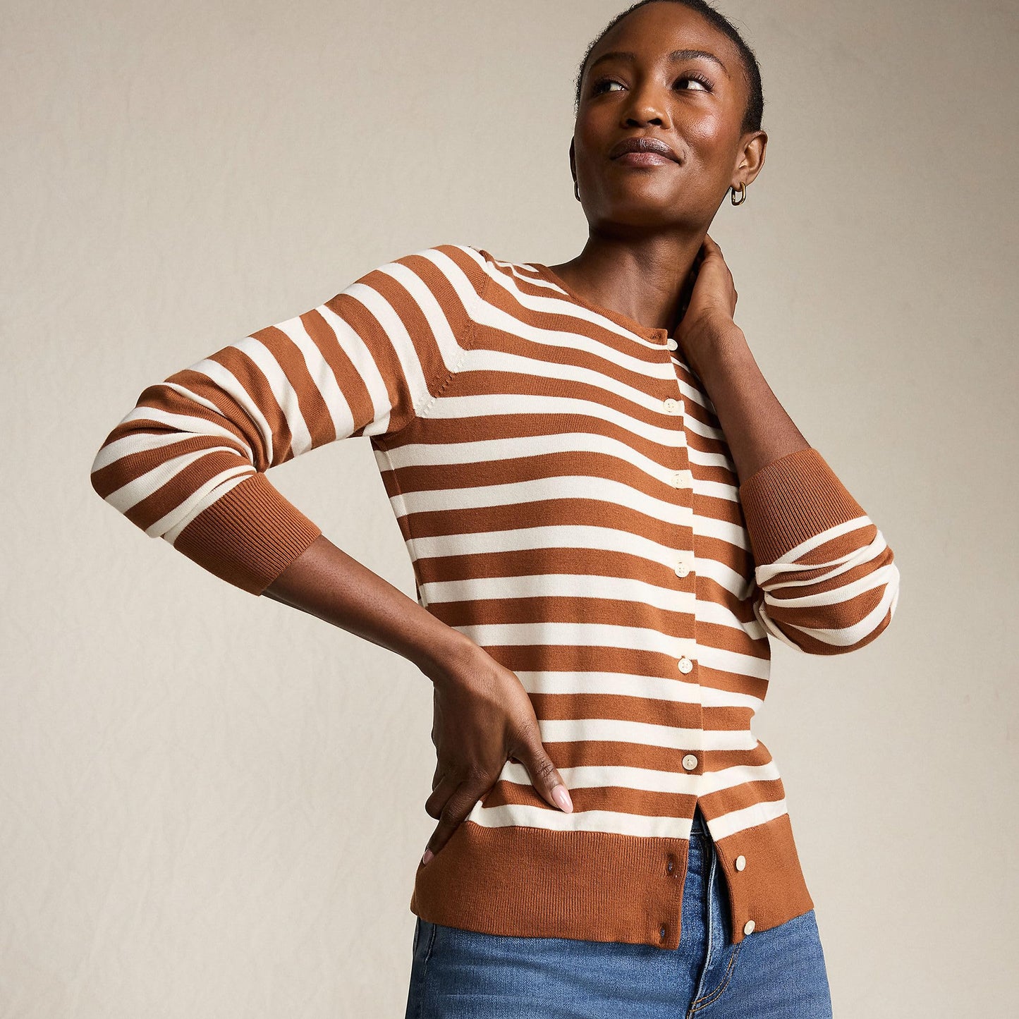 Lands' End Womens FG Cotton Cardigan Sweater Rich Ginger/Fresh Ivory Tall Small