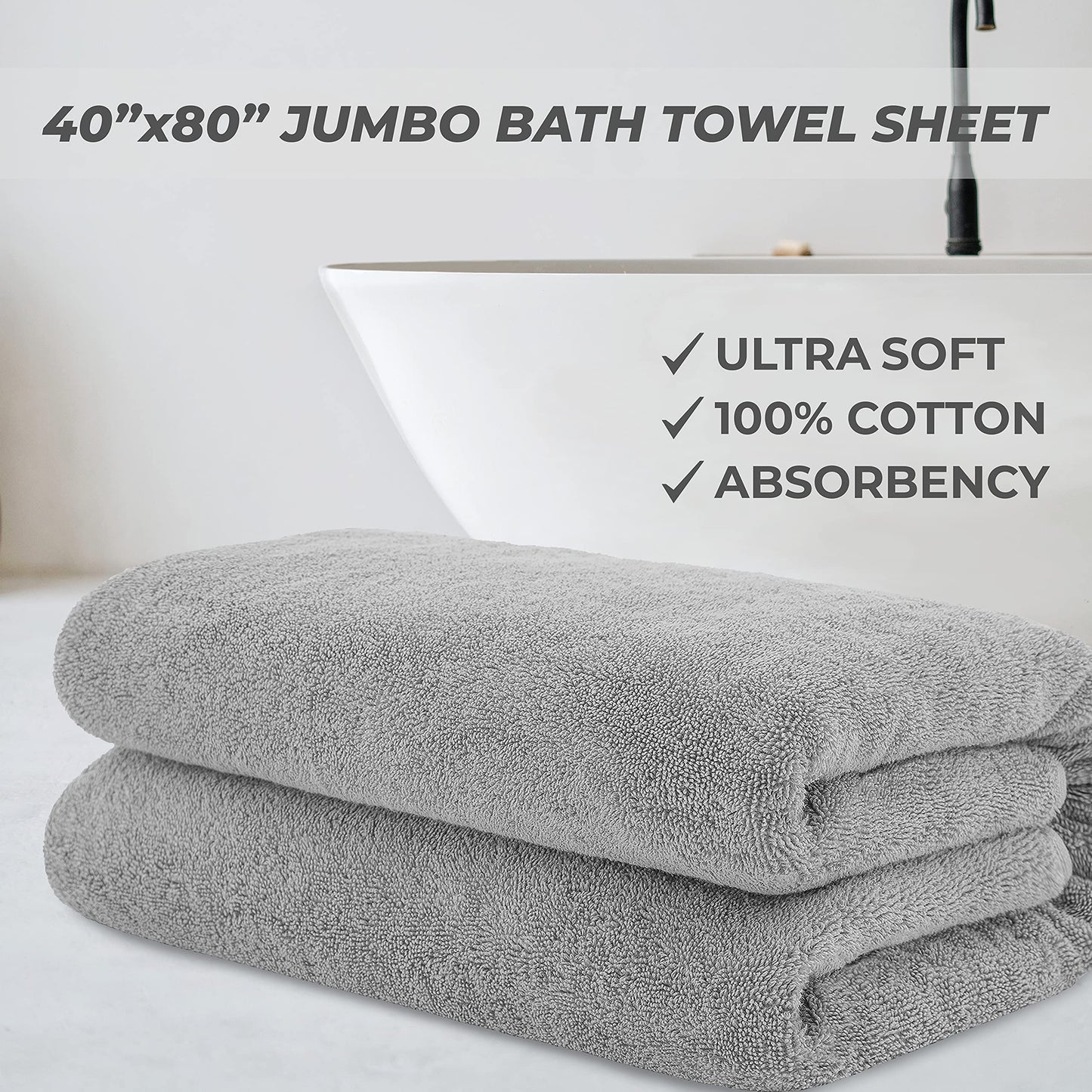 Cotton Paradise 100% Cotton 40x80 Oversized Bath Sheet, Extra Large Turkish Bath Towels for Bathroom, Light Gray Bathsheet
