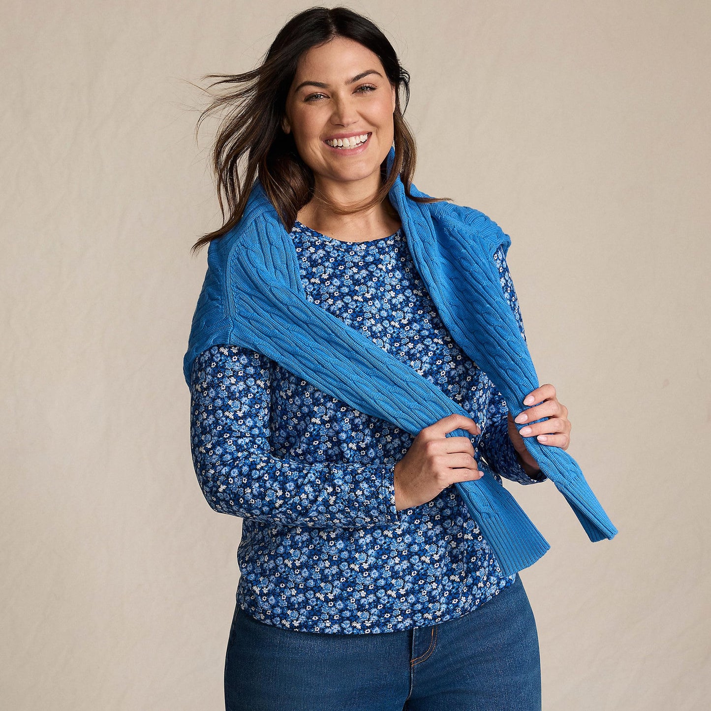 Lands' End Womens Long Sleeve Relaxed Supima Cotton Crew Neck T Shirt Deep Sea/Blue Ditsy Floral Tall Small