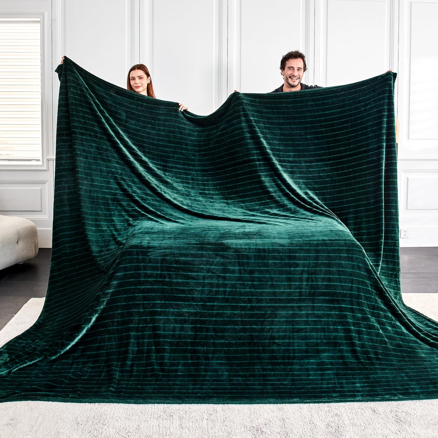Serenhom Extra Large 120x120 Inch Giant Soft Cozy Fleece Blanket, Huge Oversized Seamless King 3D Jacquard Decorative California King Blanket for Bed, Couch, Travel - Striped Forest Green