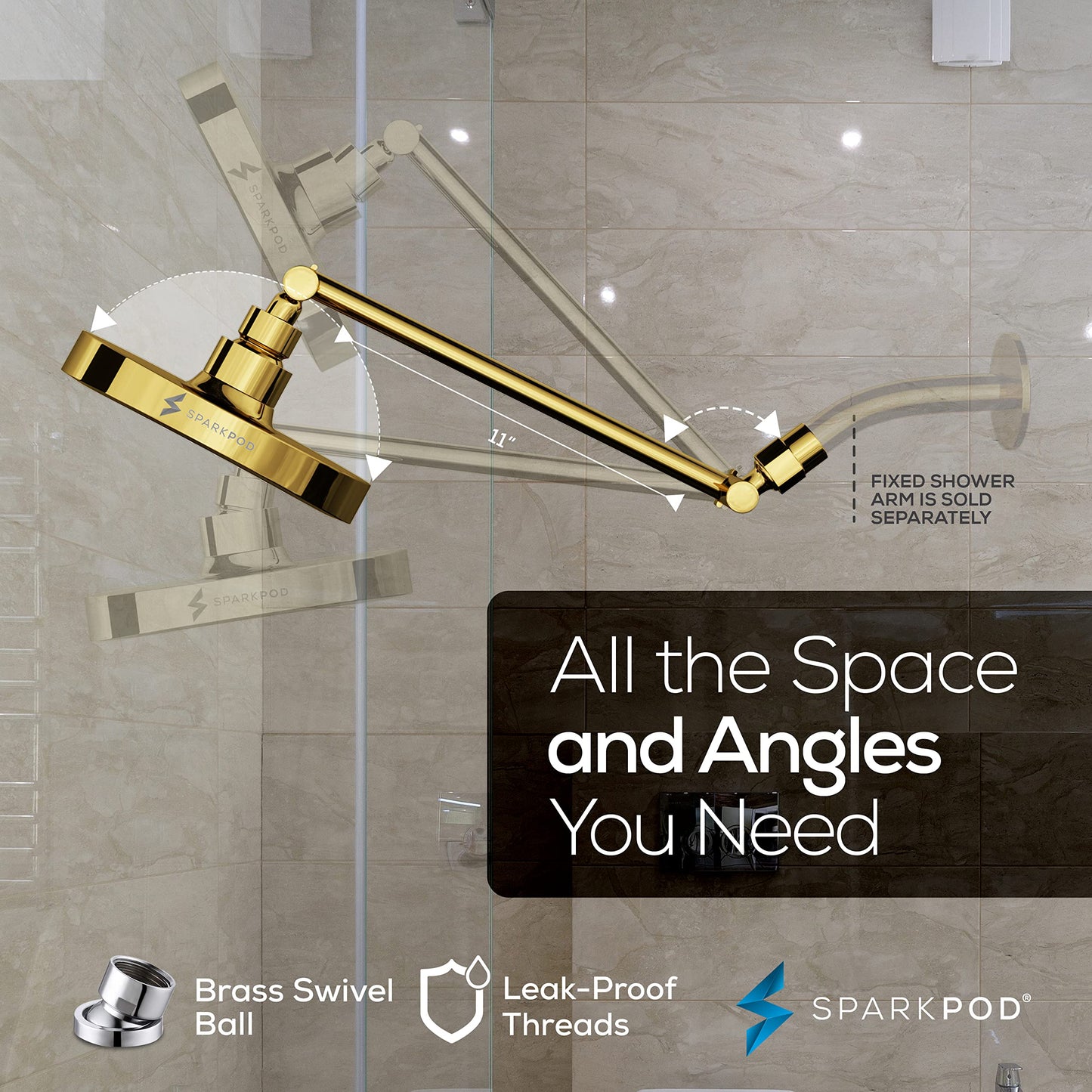 SparkPod Round Rain Shower Head with Extension Arm - Height Adjustable Shower Head with High Pressure Performance - Easy 1-Minute Installation (11" Arm Extension, Egyptian Gold)