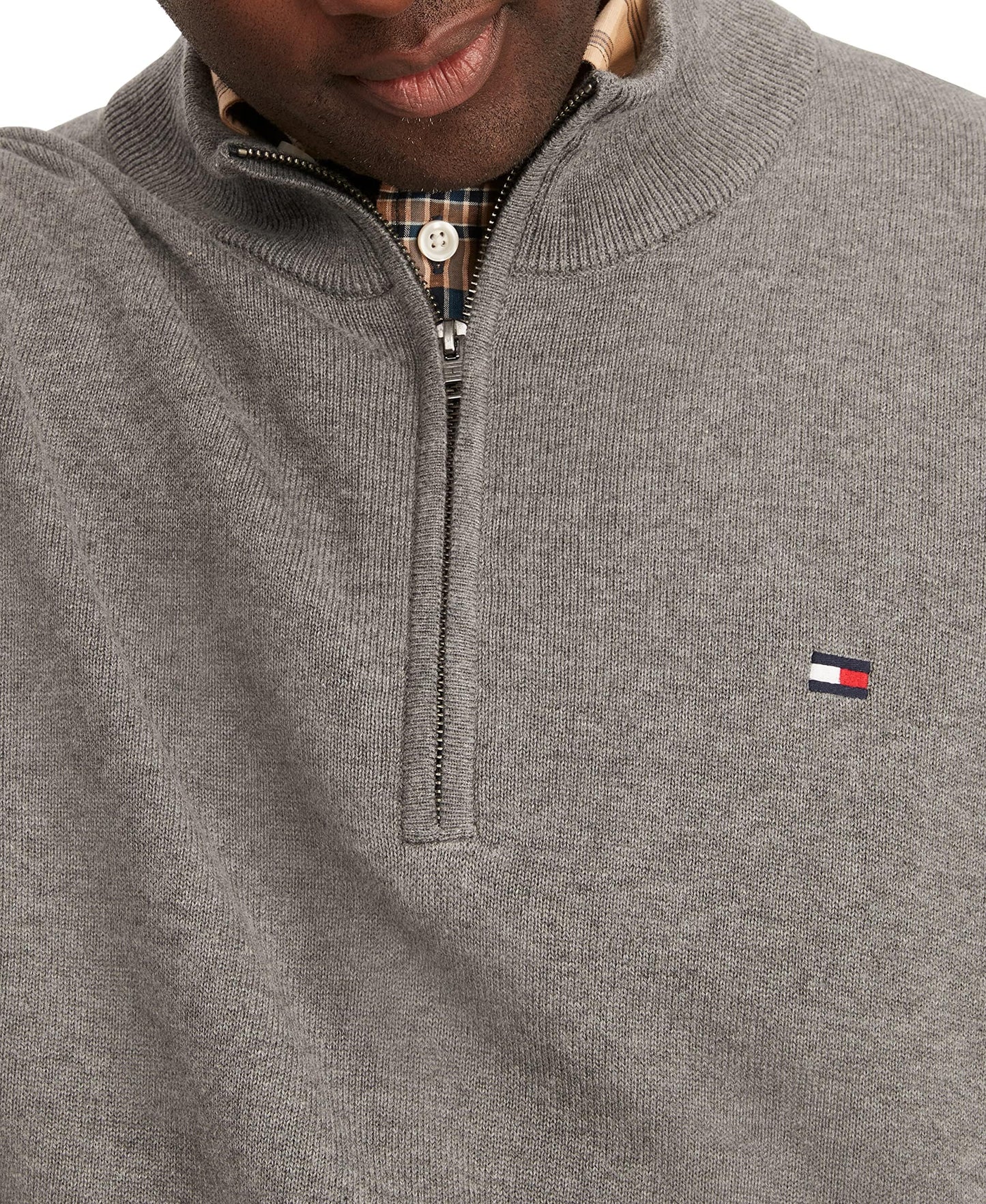 Tommy Hilfiger Men's Big and Tall Long Sleeve Cotton Quarter Zip Pullover Sweater, Grey Heather, XL-Tall