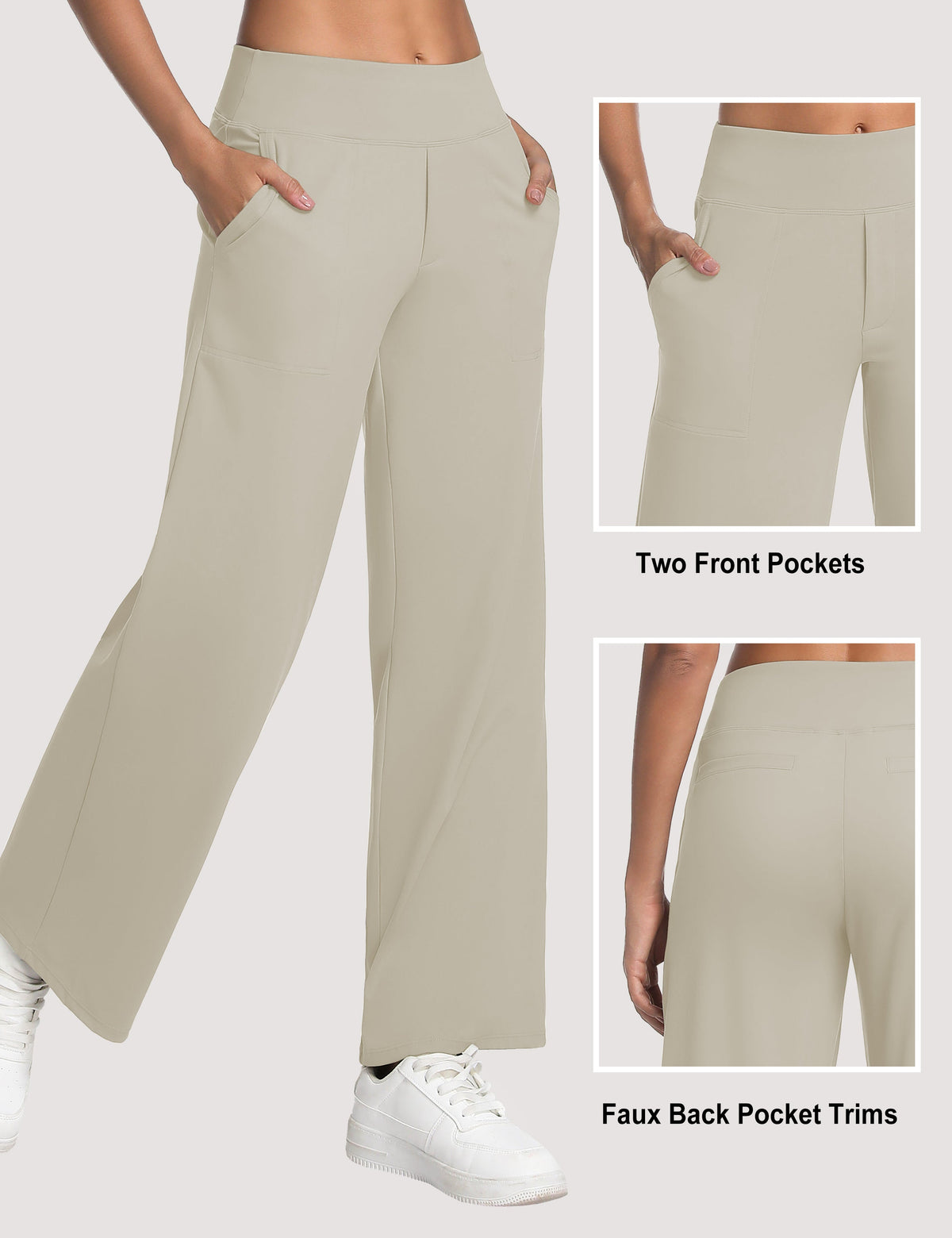 High Waist Wide Leg Yoga Pants with Pockets, Stretch Casual, 29"–37" Inseam - Apricot
