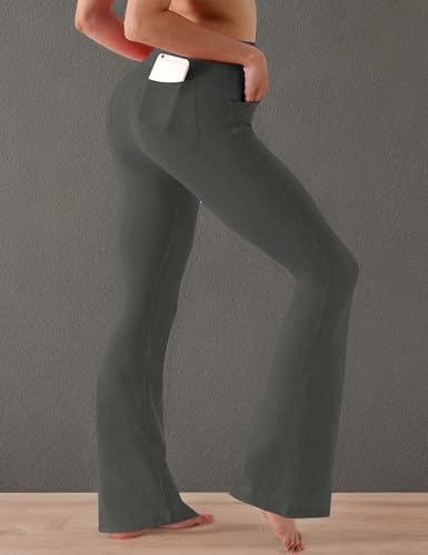 BUBBLELIME 29"/31"/33"/35" 4 Styles Women's High Waist Bootcut Yoga Pants - Out Pockets_OLIVEGRAY XL-35 Inseam
