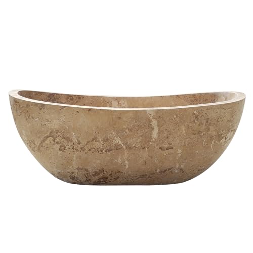 CT Copper Tailor 84" Handcrafted Marble Bathtub,Freestanding Soaking Bathtub,Oval Shape Tub with Pop-up Drain(Cappuccino)