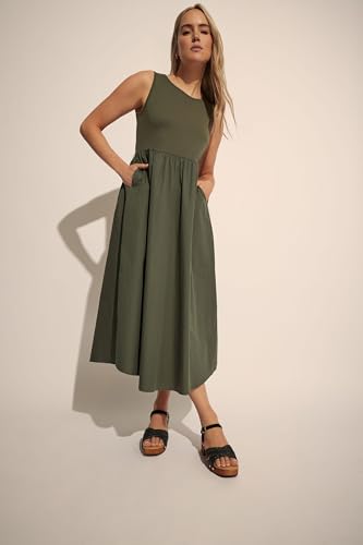 Long Tall Sally LTS Tall Jersey & Woven Mix Fabric Midi Dress Khaki 16
