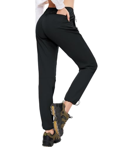 SEVEGO Womens Hiking Pants Tall Inseam 30" Athletic Cargo Pants Lightweight 4 Zipper Pockets Water Resistant Elastic Waist, Black, L