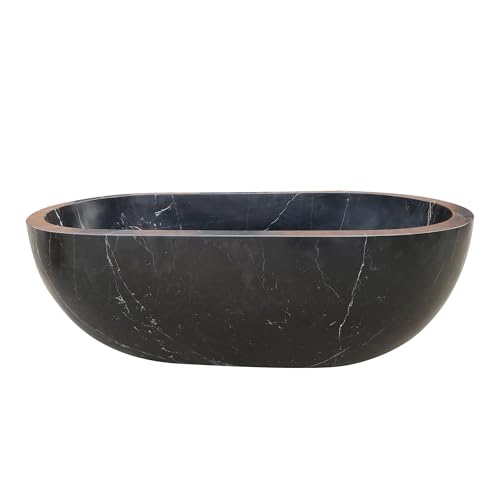 CT Copper Tailor 84" Handcrafted Marble Bathtub,Freestanding Soaking Bathtub,Oval Shape Tub with Pop-up Drain(Nero Margiua)