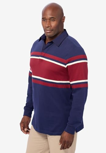 KingSize Men's Big & Tall Long-Sleeve Rugby Polo - 5XL, Navy Red Stripe