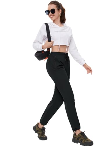 SEVEGO Womens Hiking Pants Tall Inseam 30" Athletic Cargo Pants Lightweight 4 Zipper Pockets Water Resistant Elastic Waist, Black, L