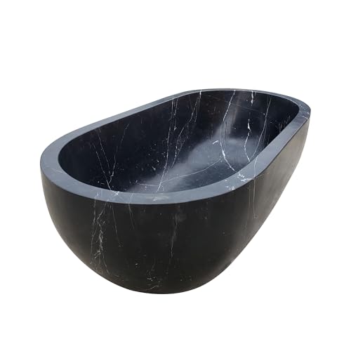CT Copper Tailor 84" Handcrafted Marble Bathtub,Freestanding Soaking Bathtub,Oval Shape Tub with Pop-up Drain(Nero Margiua)