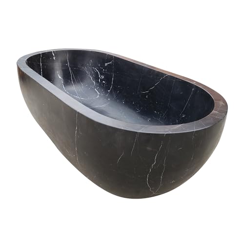 CT Copper Tailor 84" Handcrafted Marble Bathtub,Freestanding Soaking Bathtub,Oval Shape Tub with Pop-up Drain(Nero Margiua)