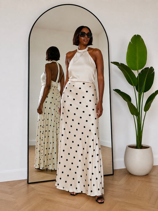 Tall Polka Dot Satin Maxi Skirt - Black Dots on Cream