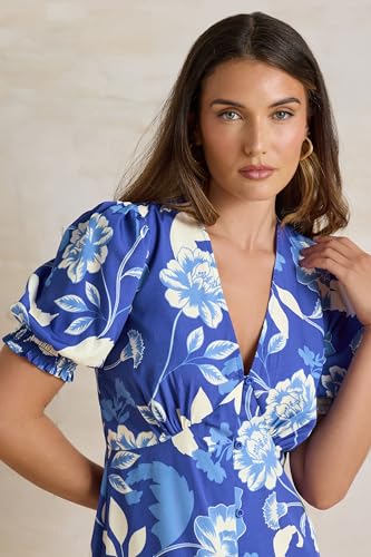 Long Tall Sally LTS Tall Floral Puff Sleeve Midi Tea Dress Blue 10