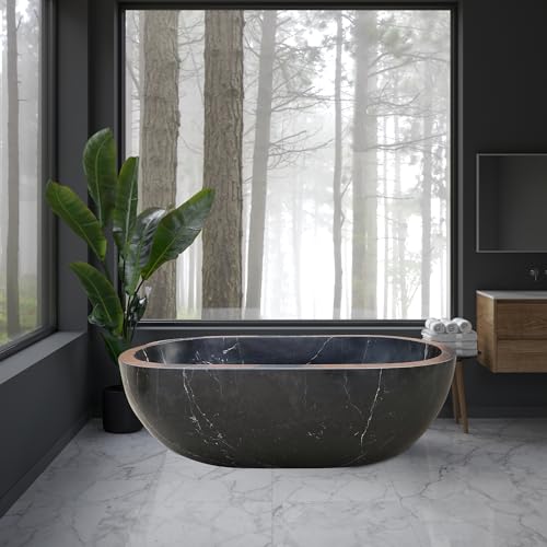 CT Copper Tailor 84" Handcrafted Marble Bathtub,Freestanding Soaking Bathtub,Oval Shape Tub with Pop-up Drain(Nero Margiua)