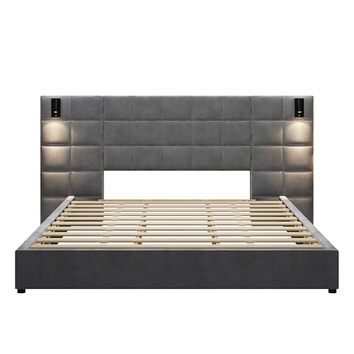 Merax California King Size Upholstered Velvet Bed Frame, with Wall Sconce and USB Port, Wide Headboard for Bedroom, (Without Bedside Tables & Mattress), Gray