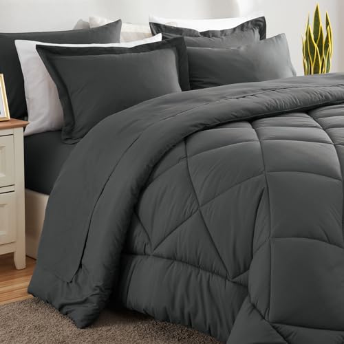 CozyLux California King Comforter Set with Sheets Dark Grey 7 Pieces Cal King Bed in a Bag All Season Bedding Sets with Comforter, Pillow Shams, Flat Sheet, Fitted Sheet and Pillowcases