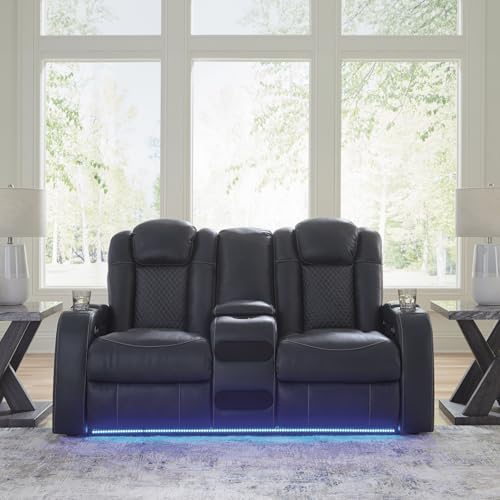 Signature Design by Ashley Fyne-Dyme Contemporary Power Reclining Loveseat with Console, USB Charging Ports and Adjustable Headrest, Blue