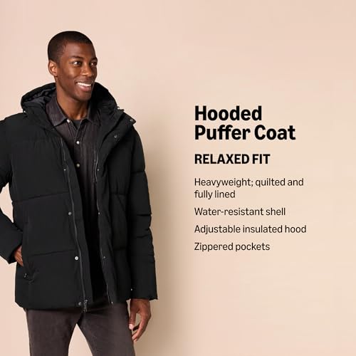 Amazon Essentials Men's Mid-Length Hooded Puffer Coat (Available in Big & Tall), Black, 3X-Large Big Tall