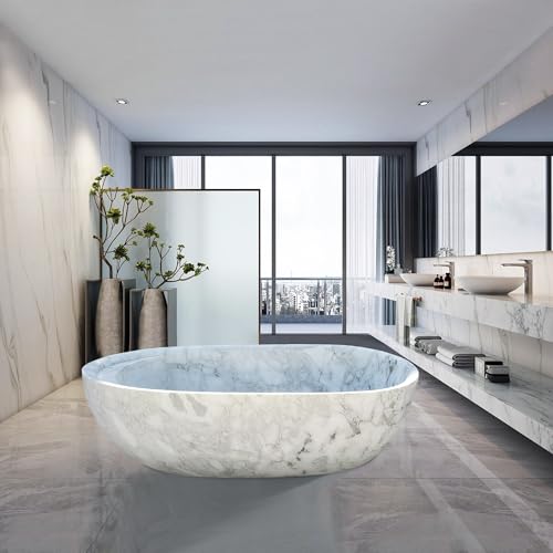 CT Copper Tailor 84" Handcrafted Marble Bathtub,Freestanding Soaking Bathtub,Oval Shape Tub with Pop-up Drain(Arabescato)
