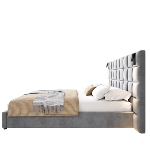 Merax California King Size Upholstered Velvet Bed Frame, with Wall Sconce and USB Port, Wide Headboard for Bedroom, (Without Bedside Tables & Mattress), Gray