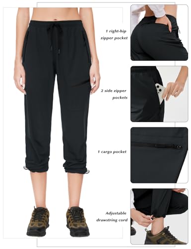 SEVEGO Womens Hiking Pants Tall Inseam 30" Athletic Cargo Pants Lightweight 4 Zipper Pockets Water Resistant Elastic Waist, Black, L