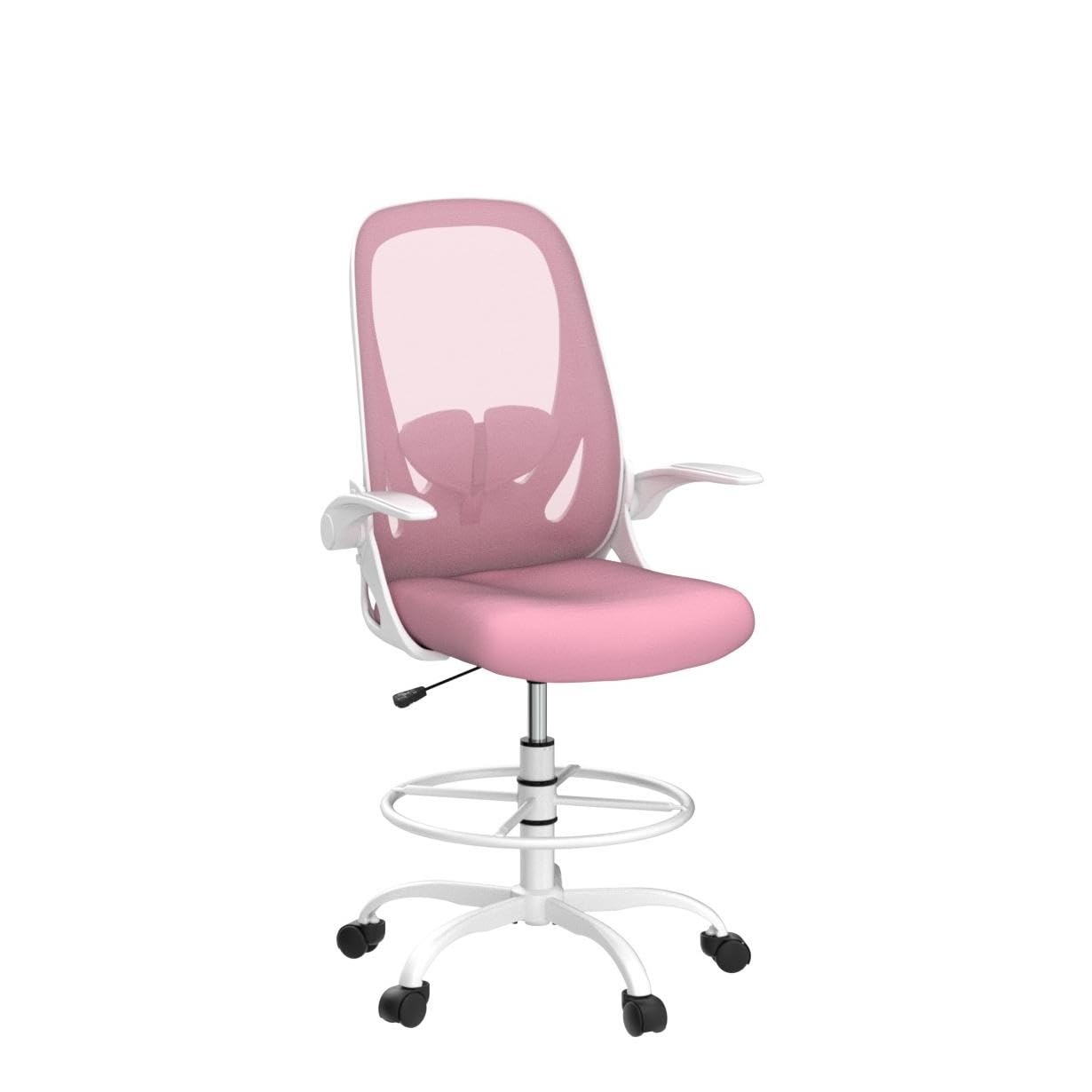 Primy Drafting Chair Tall Office Chair with Flip-up Armrests Executive Ergonomic Computer Standing Desk Chair with Lumbar Support and Adjustable Footrest Ring (Pink)