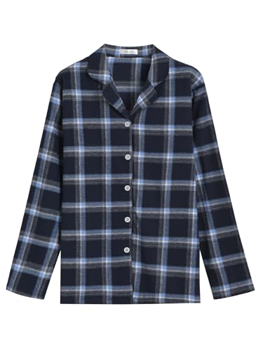 Latuza Women's Tall Flannel Pajama Set Extra Long Button Up Top Pants Pj Set XL Navy Blue