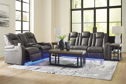 Signature Design by Ashley Fyne-Dyme Contemporary Power Reclining Loveseat with Console, USB Charging Ports and Adjustable Headrest, Gray