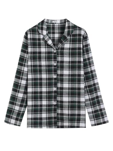 Latuza Women's Tall Flannel Pajama Set Extra Long Button Up Top Pants Pj Set XL Black Green