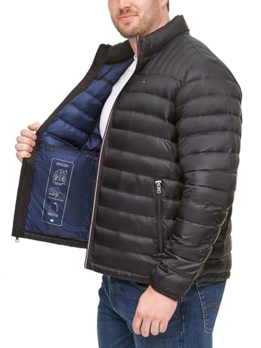 Tommy Hilfiger mens Ultra Loft Lightweight Packable Puffer Jacket (Standard and Big & Tall) Down Alternative Coat, Black W/Patch, X-Large Tall US