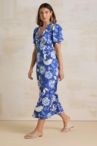 Long Tall Sally LTS Tall Floral Puff Sleeve Midi Tea Dress Blue 10