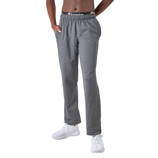 Champion Men's Open-Bottom Fleece Sweatpants, Standard Fit, Midweight, Available in Regular and Big, Granite Heather-C Patch Logo, Large Tall