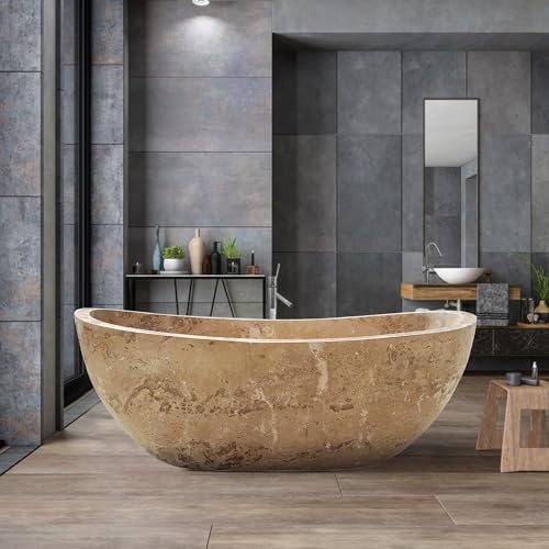 CT Copper Tailor 84" Handcrafted Marble Bathtub,Freestanding Soaking Bathtub,Oval Shape Tub with Pop-up Drain(Cappuccino)