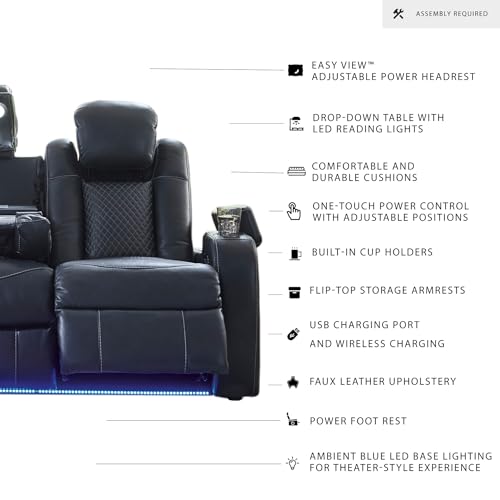 Signature Design by Ashley Fyne-Dyme Contemporary Power Reclining Sofa with USB Charging Ports and Adjustable Headrest, Blue