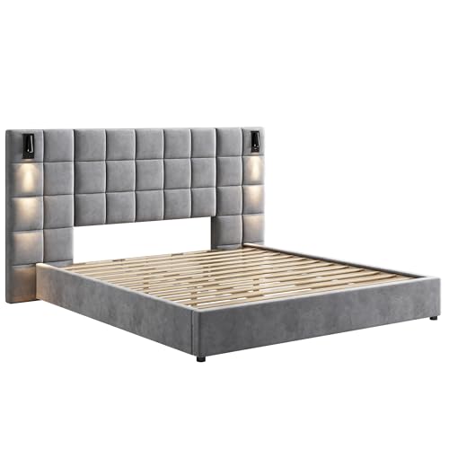 Merax California King Size Upholstered Velvet Bed Frame, with Wall Sconce and USB Port, Wide Headboard for Bedroom, (Without Bedside Tables & Mattress), Gray