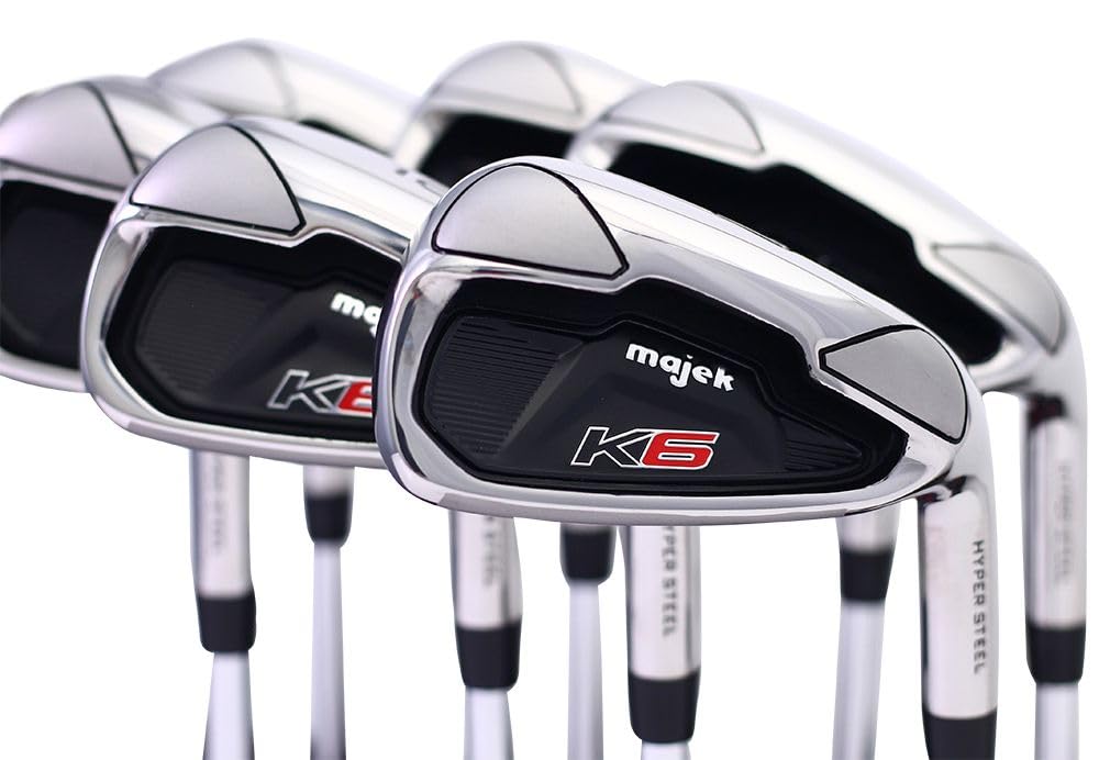 Majek K6 Iron Set +2 inch Over XL Big & Tall Men's 8-Piece Set (4-PW, SW) Right Handed Steel Shaft Regular Flex R Flex Club (Tall 6'3"+/+2" Over) with Midsize Black Pro Velvet Grip