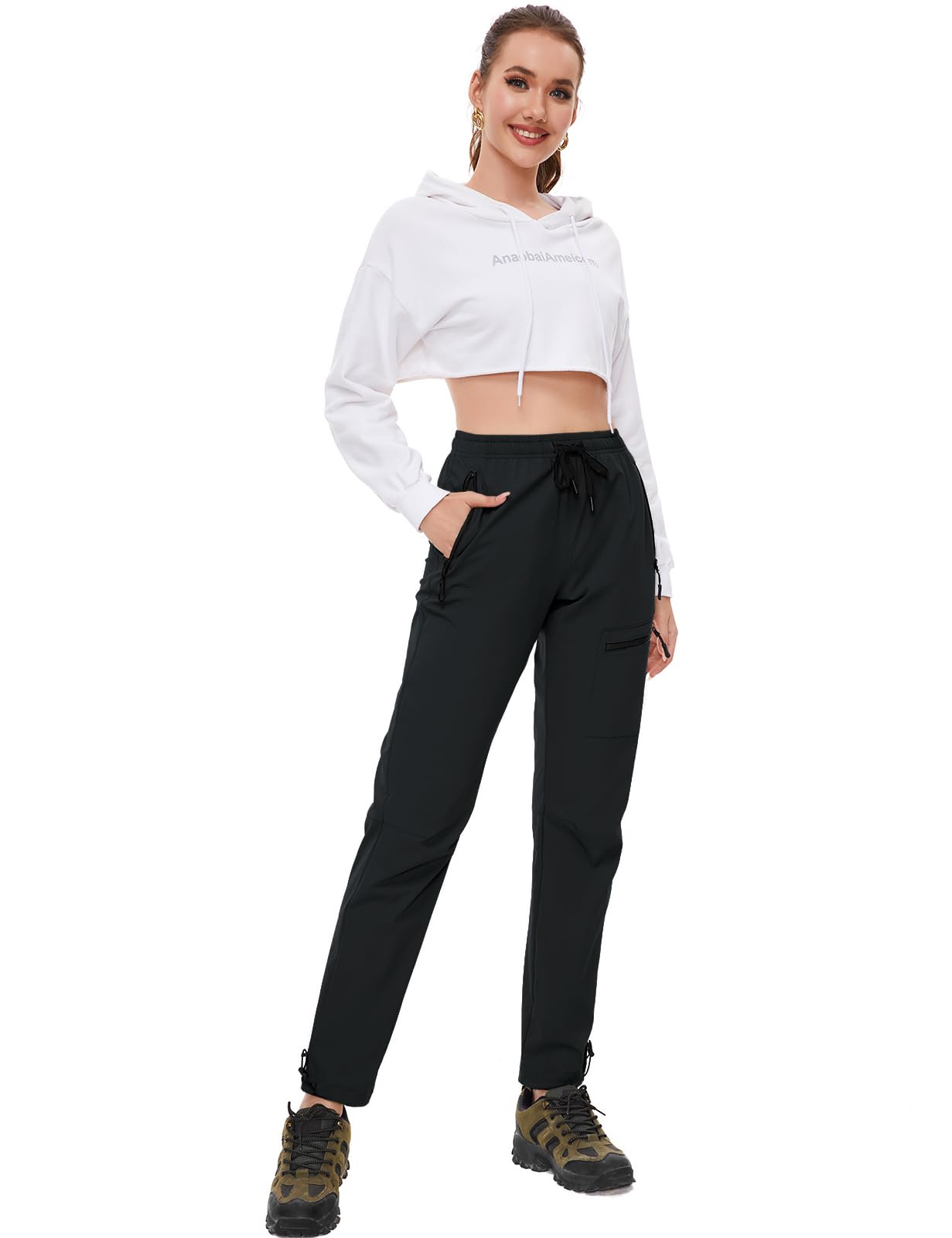 SEVEGO Womens Hiking Pants Tall Inseam 34" Athletic Cargo Pants Lightweight 4 Zipper Pockets Water Resistant Elastic Waist, Black, XS