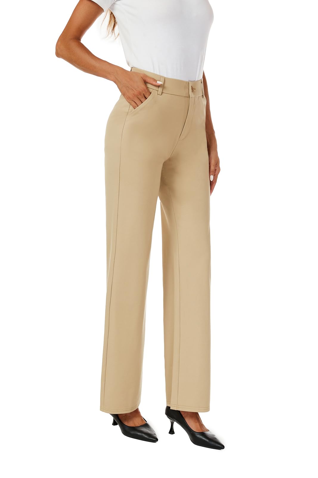 iChosy Womens High Waist Wide Straight Leg Trousers Casual Slacks Dress Pants with Pockets Khaki 10 Tall