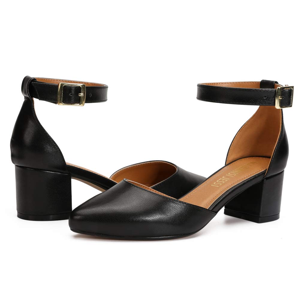 MAIERNISI JESSI Unisex Men's Women's Pumps Ankle Strap D-Orsay Pointed Toe Chunky Heel Matt Black EU44 - US 12 Women/10.5 Men