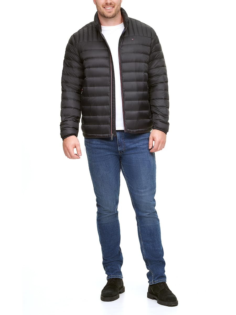 Tommy Hilfiger mens Ultra Loft Lightweight Packable Puffer Jacket (Standard and Big & Tall) Down Alternative Coat, Black W/Patch, X-Large Tall US